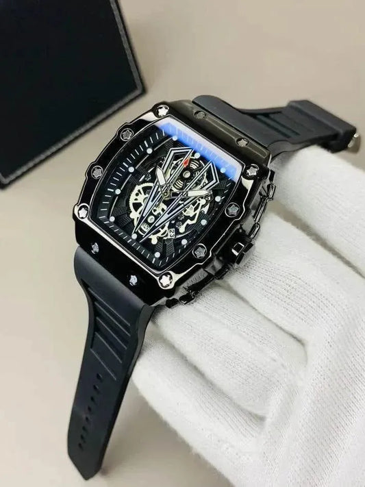 Luxury Black Skeleton Quartz Watch – Premium Square Dial | Waterproof Sports Men's Watch