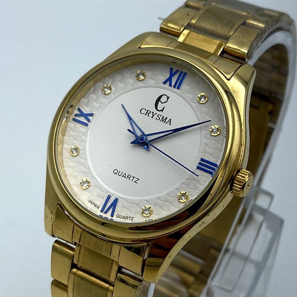 Crysma Luxury Gold Quartz Watch – Textured Dial with Royal Blue Accents & Crystal Markers | Trendoraa Mart Luxury Collection