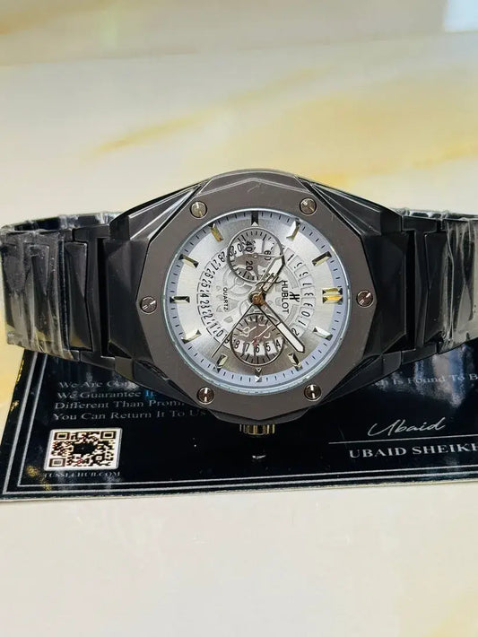 Hublot Multi-Function Geometric Men's Watch – Faceted Steel Case with Skeletonized Date Track | Trendoraa Mart Luxury Collection