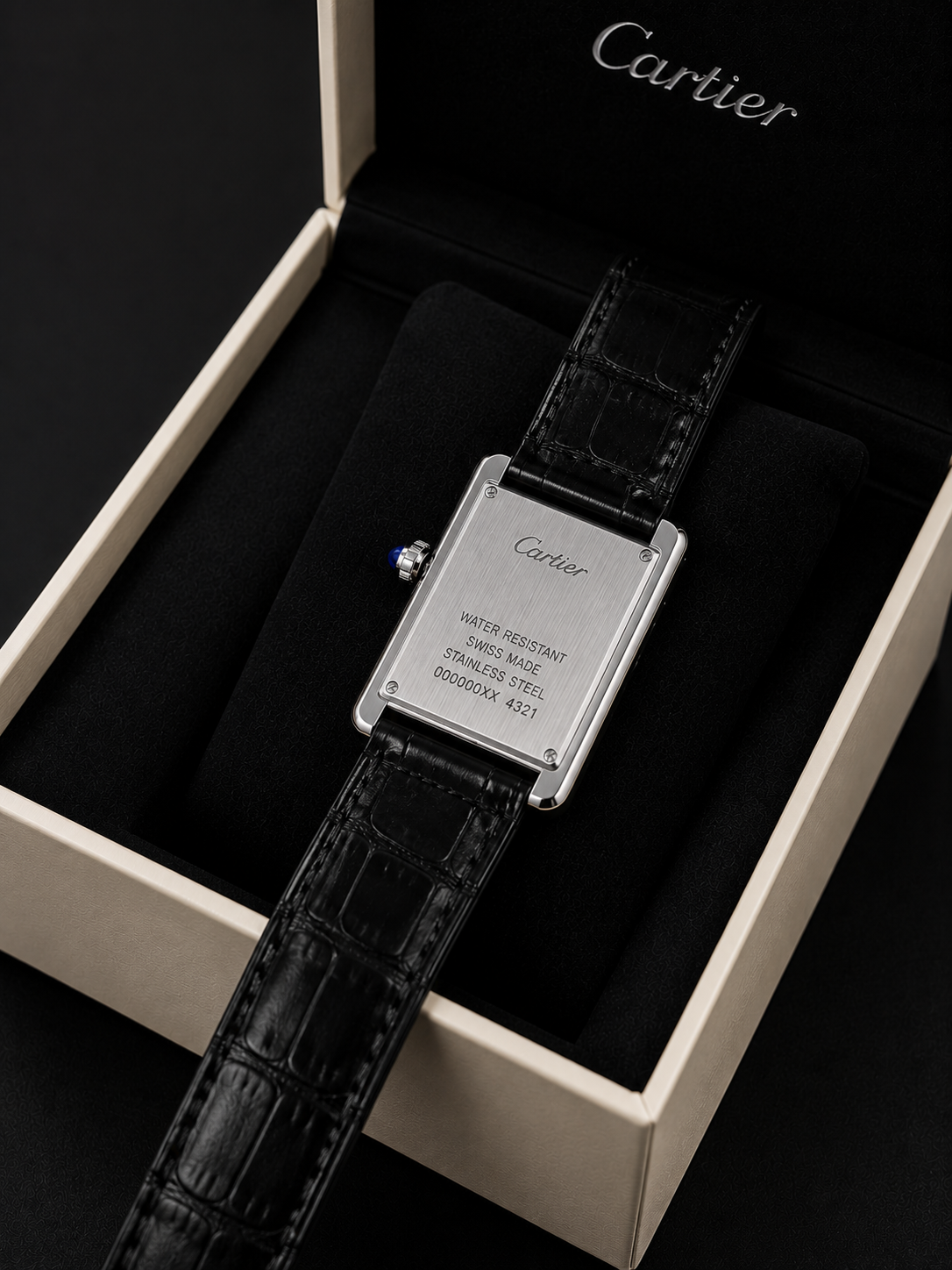 Cartier Luxury Rectangular Leather Strap Watch – Black Dial – Stainless Steel Case – Classic Dress Watch