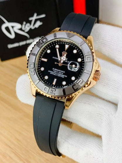 Rolex Luxury Diver-Inspired Gold Watch – Black Dial & Rubber Strap