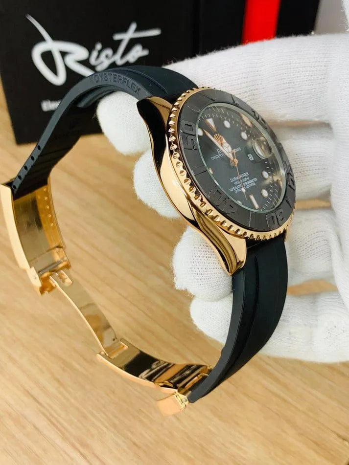Rolex Luxury Diver-Inspired Gold Watch – Black Dial & Rubber Strap