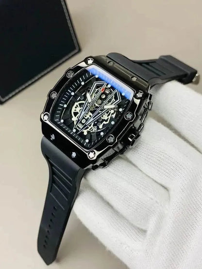 Luxury Black Skeleton Quartz Watch – Premium Square Dial | Waterproof Sports Men's Watch