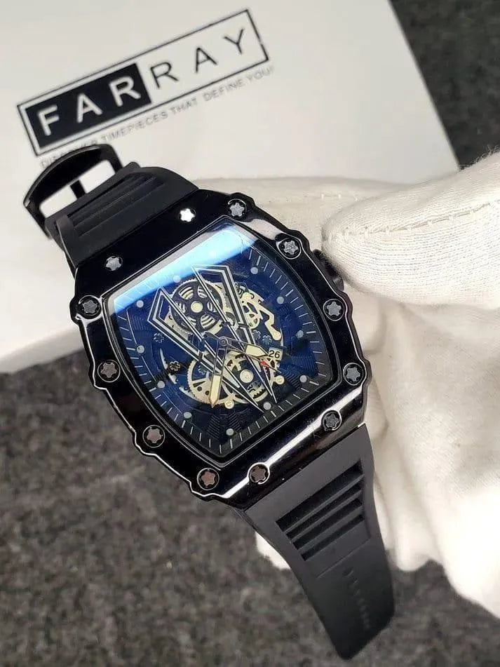 Luxury Black Skeleton Quartz Watch – Premium Square Dial | Waterproof Sports Men's Watch