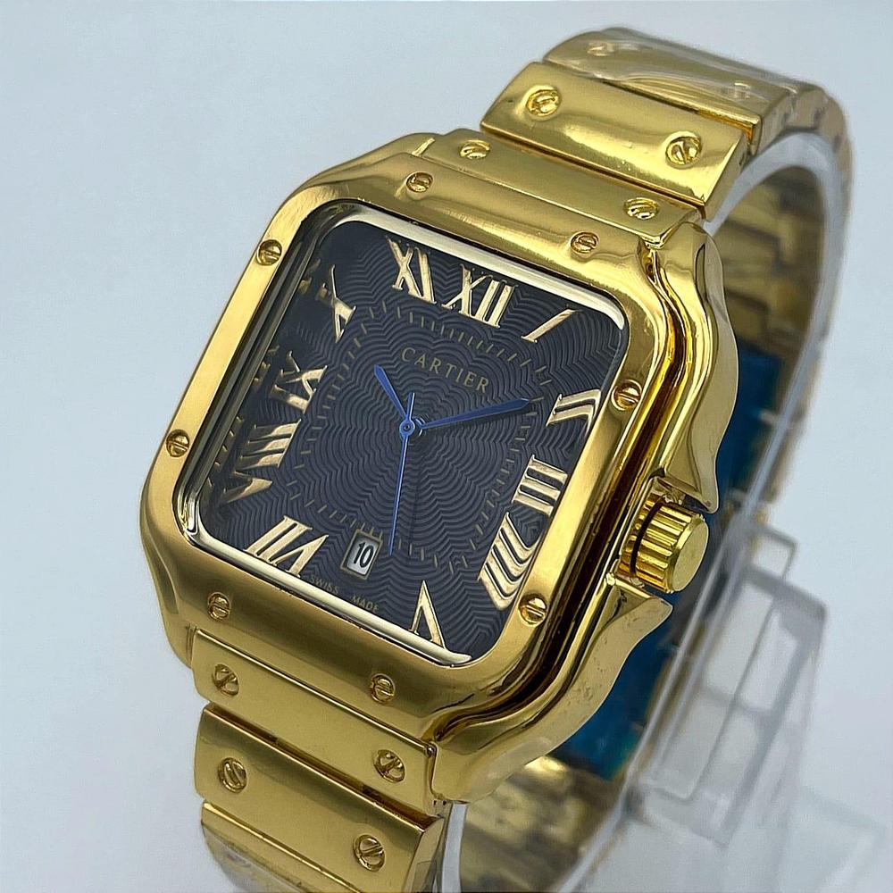 Cartier Luxury Gold Square Dress Watch – Black Textured Dial – Stainless Steel Bracelet – Men's Premium Watch