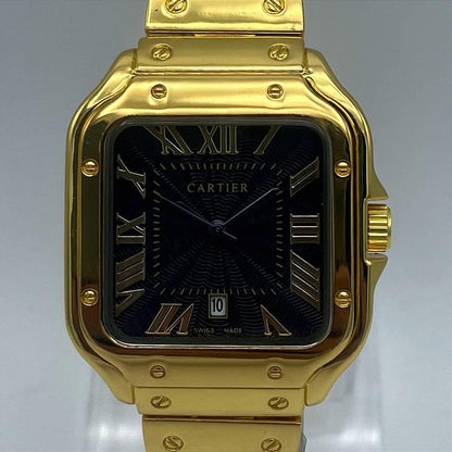 Cartier Luxury Gold Square Dress Watch – Black Textured Dial – Stainless Steel Bracelet – Men's Premium Watch