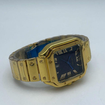 Cartier Luxury Gold Square Dress Watch – Black Textured Dial – Stainless Steel Bracelet – Men's Premium Watch