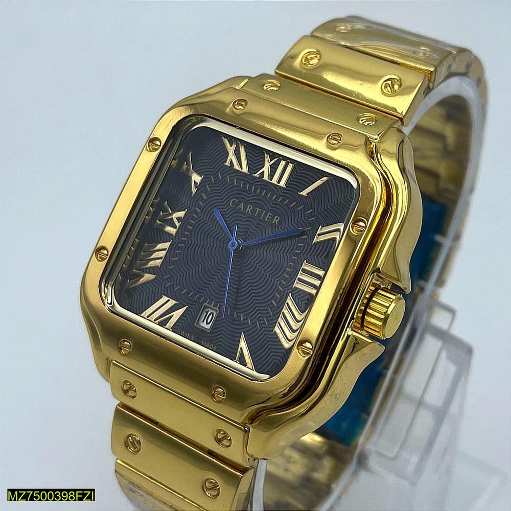 Cartier Luxury Gold Square Dress Watch – Black Textured Dial – Stainless Steel Bracelet – Men's Premium Watch