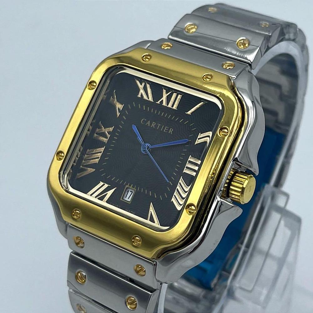 Cartier Luxury Gold Square Dress Watch – Black Textured Dial – Stainless Steel Bracelet – Men's Premium Watch