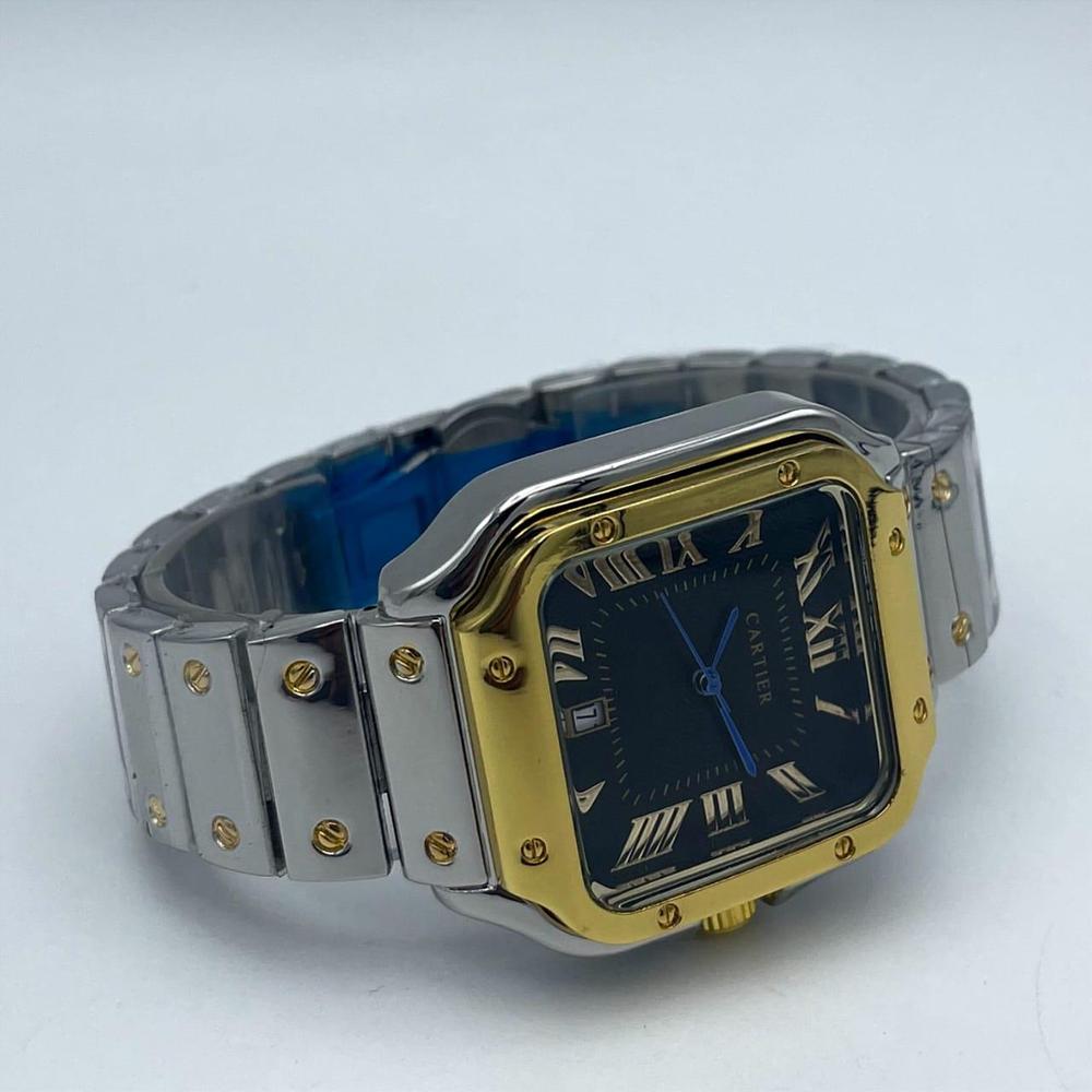 Cartier Luxury Gold Square Dress Watch – Black Textured Dial – Stainless Steel Bracelet – Men's Premium Watch