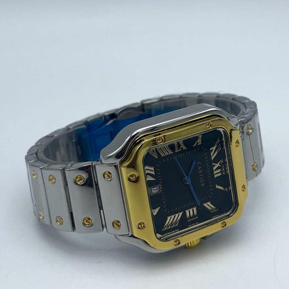 Cartier Luxury Gold Square Dress Watch – Black Textured Dial – Stainless Steel Bracelet – Men's Premium Watch