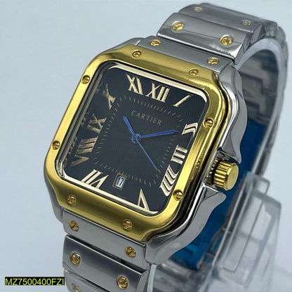 Cartier Luxury Gold Square Dress Watch – Black Textured Dial – Stainless Steel Bracelet – Men's Premium Watch