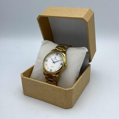 Crysma Luxury Gold Quartz Watch – Textured Dial with Royal Blue Accents & Crystal Markers | Trendoraa Mart Luxury Collection