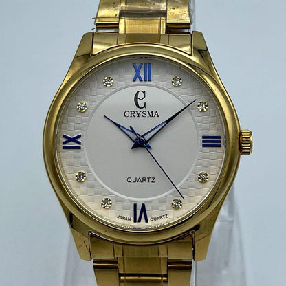 Crysma Luxury Gold Quartz Watch – Textured Dial with Royal Blue Accents & Crystal Markers | Trendoraa Mart Luxury Collection