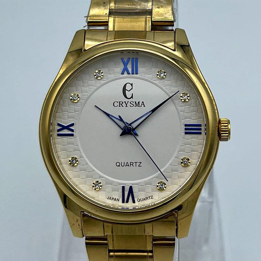 Crysma Luxury Gold Quartz Watch – Textured Dial with Royal Blue Accents & Crystal Markers | Trendoraa Mart Luxury Collection