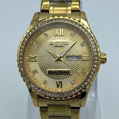 Guanqin Luxury Gold Diamond Watch – Crystal Bezel with Day-Date Display | Trendoraa Mart Elite Collection