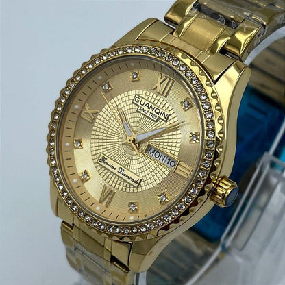 Guanqin Luxury Gold Diamond Watch – Crystal Bezel with Day-Date Display | Trendoraa Mart Elite Collection