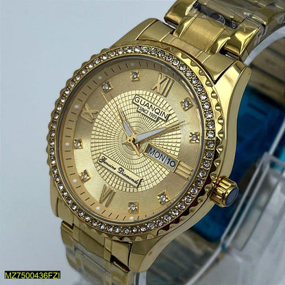 Guanqin Luxury Gold Diamond Watch – Crystal Bezel with Day-Date Display | Trendoraa Mart Elite Collection