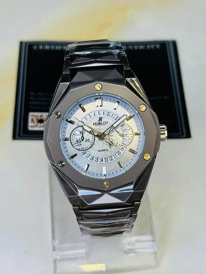 Hublot Multi-Function Geometric Men's Watch – Faceted Steel Case with Skeletonized Date Track | Trendoraa Mart Luxury Collection