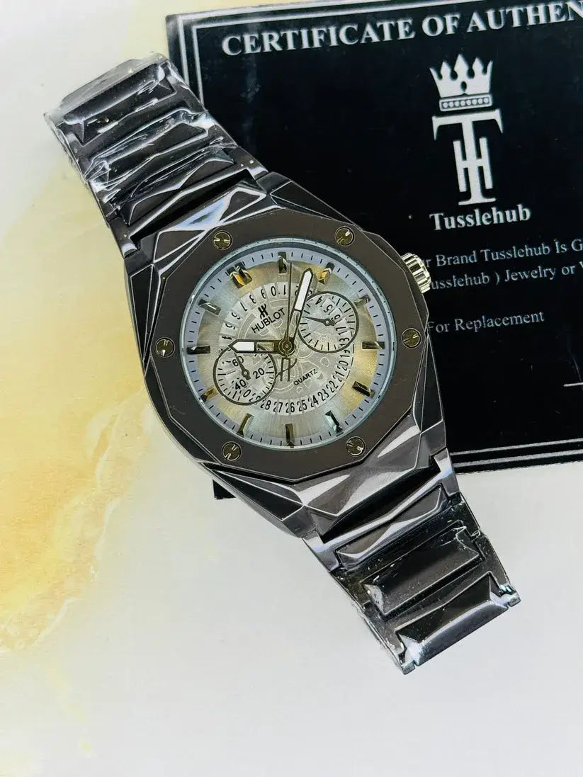 Hublot Multi-Function Geometric Men's Watch – Faceted Steel Case with Skeletonized Date Track | Trendoraa Mart Luxury Collection