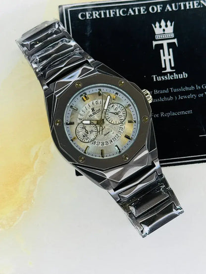 Hublot Multi-Function Geometric Men's Watch – Faceted Steel Case with Skeletonized Date Track | Trendoraa Mart Luxury Collection