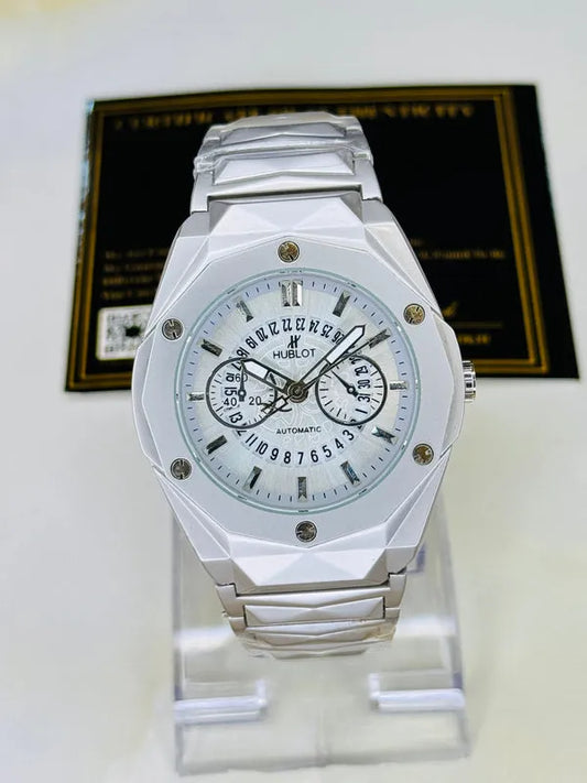 Hublot Multi-Function Geometric Men's Watch – Faceted Steel Case with Skeletonized Date Track | Trendoraa Mart Luxury Collection