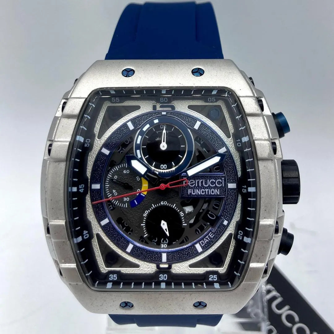Ferrucci Luxury Skeleton Chronograph Sport Watch – Blue Silicone Strap – Stainless Steel Case – Men's Premium Watch