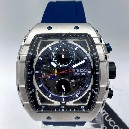 Ferrucci Luxury Skeleton Chronograph Sport Watch – Blue Silicone Strap – Stainless Steel Case – Men's Premium Watch