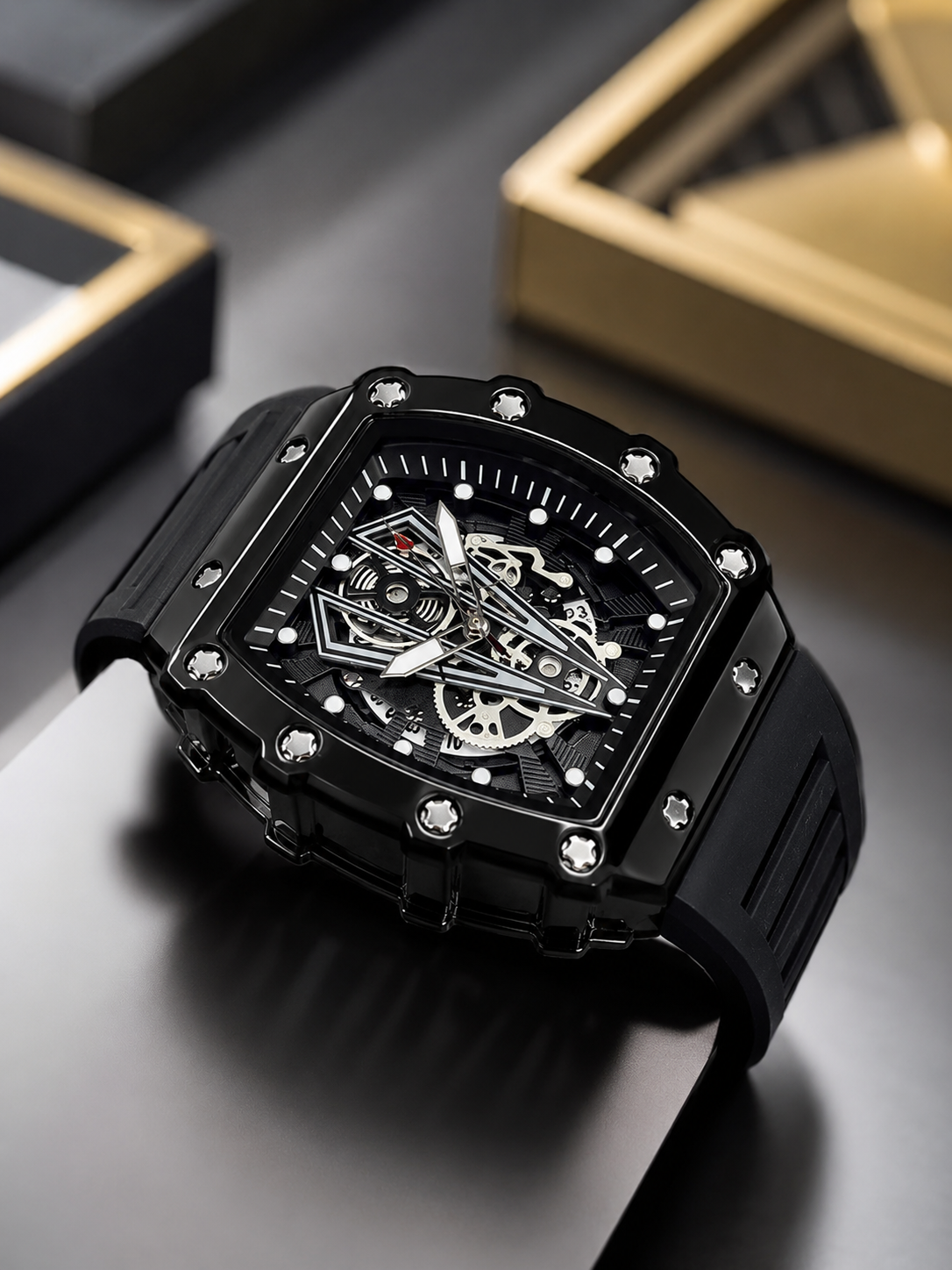 Luxury Black Skeleton Quartz Watch – Premium Square Dial | Waterproof Sports Men's Watch
