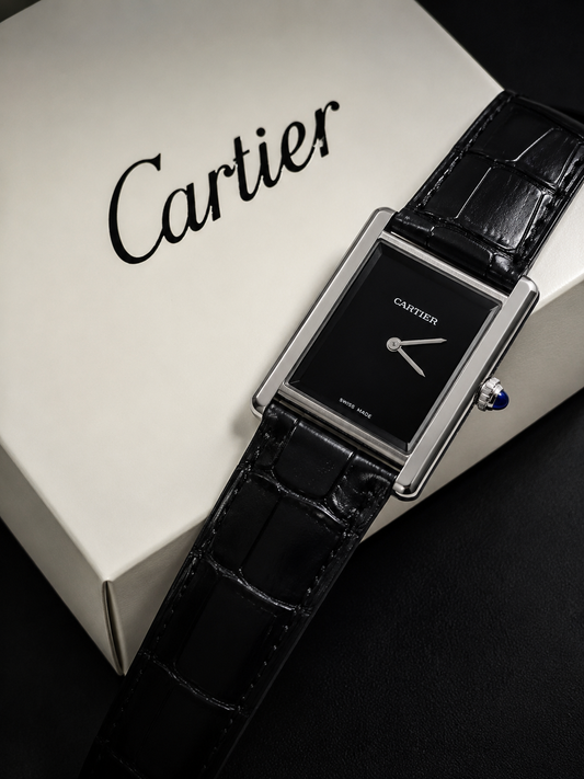 Cartier Luxury Rectangular Leather Strap Watch – Black Dial – Stainless Steel Case – Classic Dress Watch