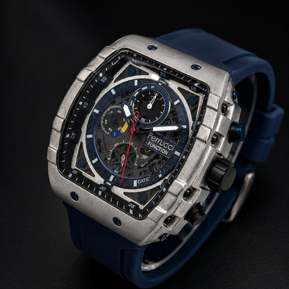 Ferrucci Luxury Skeleton Chronograph Sport Watch – Blue Silicone Strap – Stainless Steel Case – Men's Premium Watch