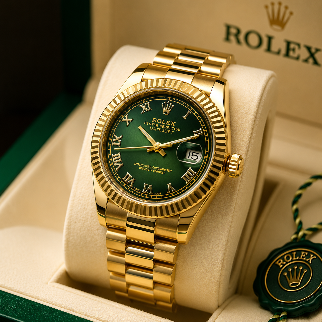 Rolex Luxury Gold Classic Dress Watch – Green Dial – Stainless Steel Bracelet – Men's Premium Watch