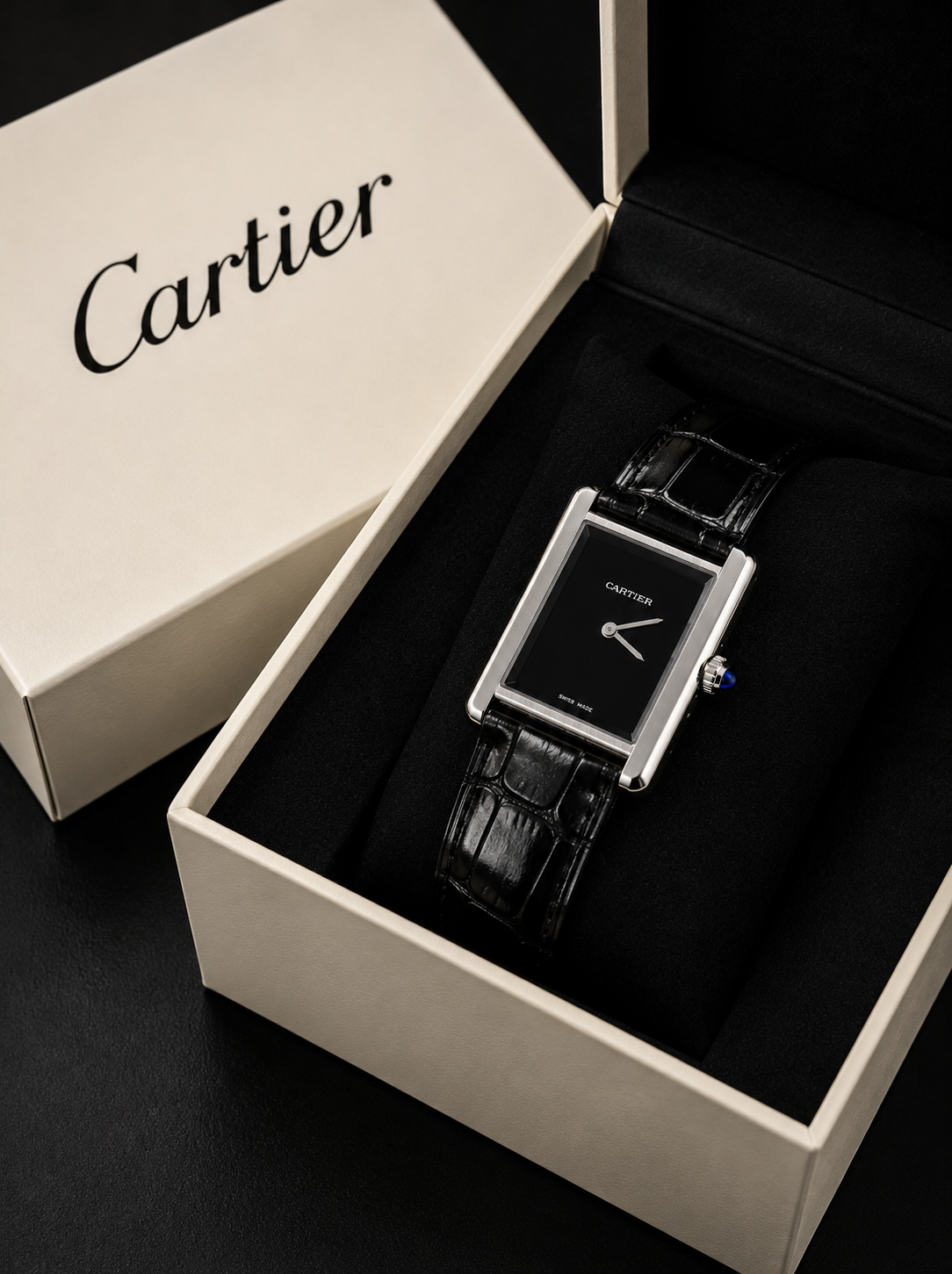 Cartier Luxury Rectangular Leather Strap Watch – Black Dial – Stainless Steel Case – Classic Dress Watch